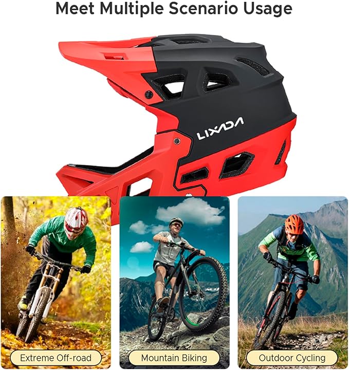 Lixada Adult Bike Helmet, Full Face Mountain Bike Helmet Lightweight Bicycle Helmet with Pads & Visor, Comfort Cycling Helmet Racing Downhill MTB Helmet for Men Women