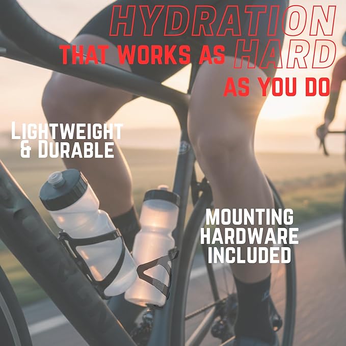 Bike Water Bottle Holder & Bottle Combo – 2-Pack 22 oz Sports Squeeze Bottles with Pull Top Cap & Easy-Install Bike Cage – Made in USA – 50 Strong Brand