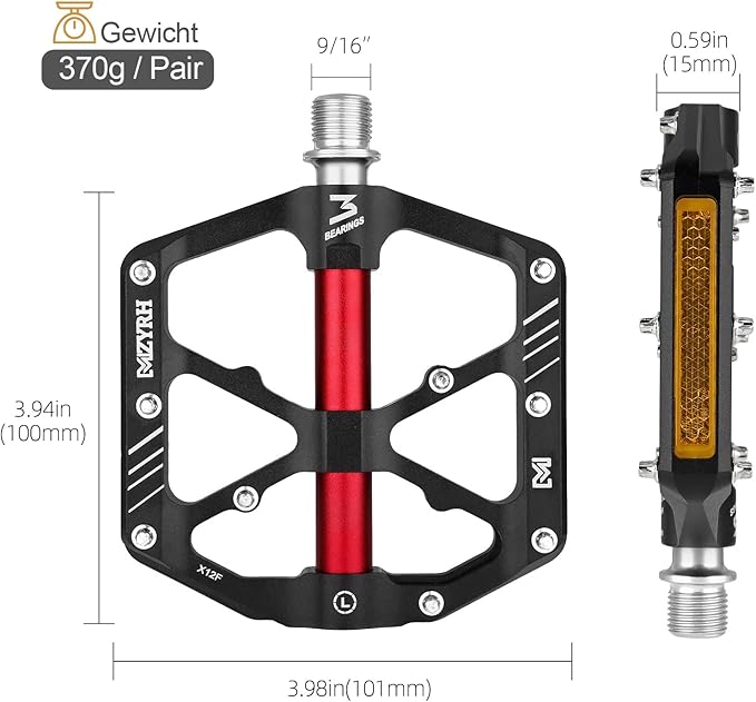 MZYRH 3 Bearings Mountain Bike Platform Pedals - Flat Alloy 9/16" Non-Slip Bicycle Pedals