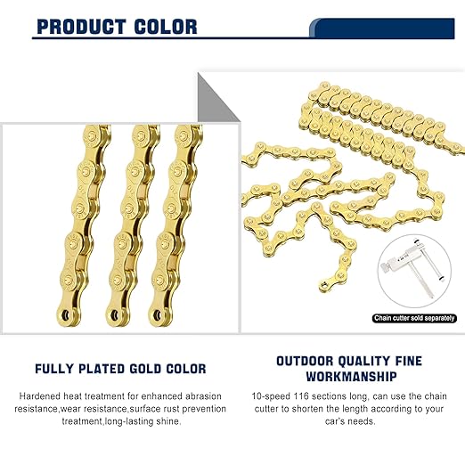 Bike Chain, 10 Speed Bike Chain 1/2" x 11/128" 116 Links Bicycle Chain for Road Mountain Folding Racing Cycling Bikes (Gold-10 Speed)