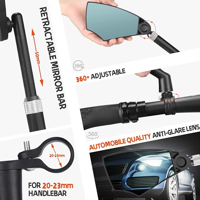 WEST BIKING Anti-Glare Handlebar Bike Mirror - Bike Rear View Mirror With Retractable & 360 ° Adjustable Lens, Foldable Bicycle Mirror For 20-23mm Handlebar(2PCS)