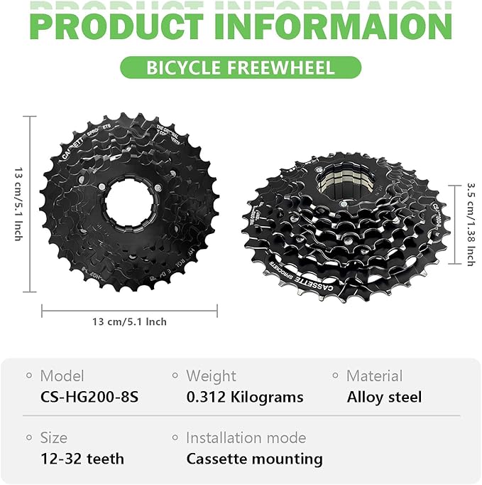 Bike Cassette 8 Speed Cassette Sprockets CS-HG200 12-32T Bike Sprocket for Mountain Bike Folding Bike Commuter Bike Speed Black
