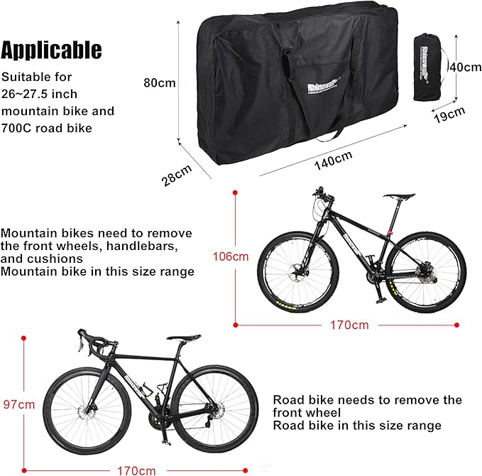 Rhinowalk Bike Transport Bag for 26 Inch Wheel Size Mountain Road Bikes - Waterproof Bicycle Travel Case Foldable Carrier Bag for Train Air Travel (Black)