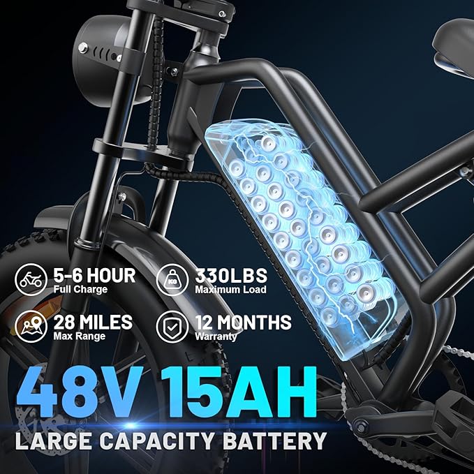 Electric Mountain Bike for Adults, 1500W Peak Motor Ebike, 28 MPH and 60 Miles PAS Range, 20 Inch Fat Tire Dirt E Bike for All-Terrain, 7 Speed, Electric Bicycles with 48V 15Ah Removable Battery