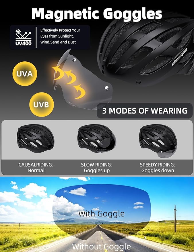 Shinmax Bike Helmet with USB Rechargeable Light & Detachable Magnetic Goggles UV Protective, Bicycle Helmet Men Women Mountain Road Adjustable Adult Cycling Helmet (WT-049)