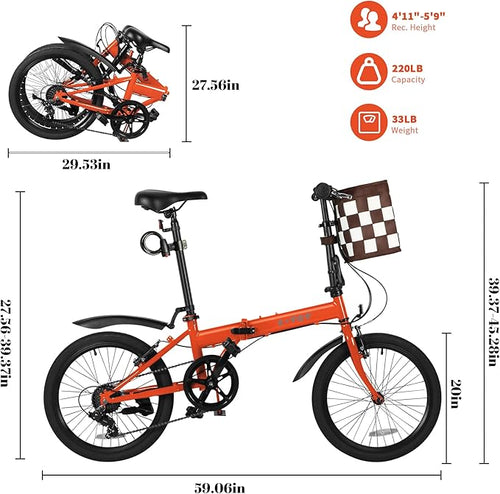 20 Inch Folding Bike for Adults, 7 Speed Foldable Bike with Basket, Lightweight Folding Bicycle with Adjustable Seat & Front and Rear V-Brakes (Orange)