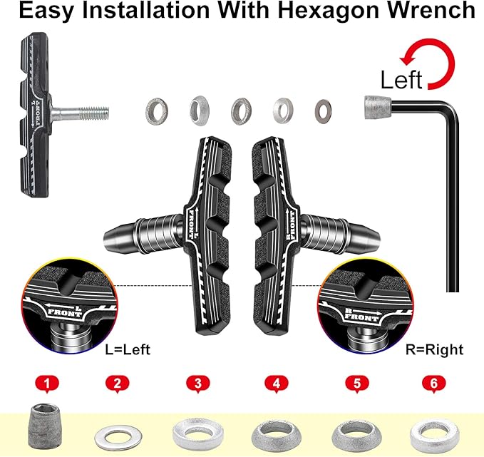 Bike Brakes Pads Set, Brakes Kit, Road Mountain Cycle Bicycle Rubber Universal V-Brake Blocks Shoes with Hex Nut Tools and Shims, No Noise No Skid, 70mm, Fits Most Bikes MTB City Folding Bike Pads