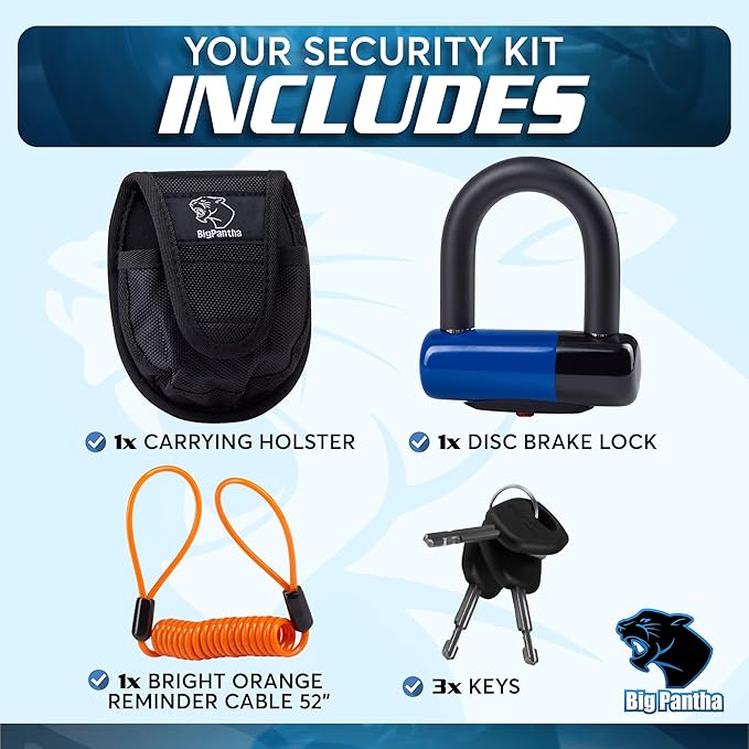 Anti Theft Motorcycle Disc Lock - Heavy Duty Bike Lock with Reminder Cable & Carry Pouch - Universal Fit Disc Brake Lock for Motorbikes, Scooters, and Mopeds (Blue)