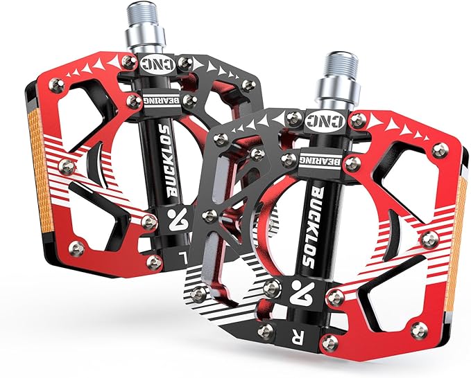 BUCKLOS MTB Bike Flat Pedals with Reflectors,Large Platform Mountain Non Slip CNC Aluminum Alloy Bicycle Pedals Sealed Bearing 9/16" Adult