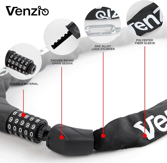 Venzio 3FT Heavy Duty Bike Chain Lock, 6mm Steel with 5-Digit Resettable Combination Lock, Zinc Alloy Core, Scratch-Proof Cover, Anti-Theft Lock for Bicycle, Scooter, E-Bike, Fence, Door