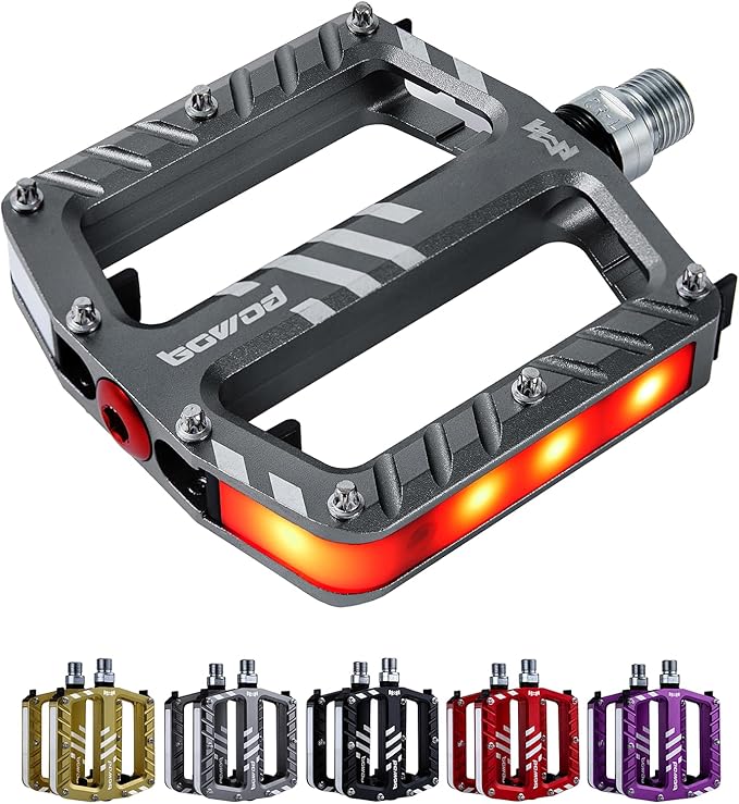 Bicycle Pedals with LED lights 5 Modes, Tap On-Off, USB Rechargeable, Waterproof, Flat CNC Aluminum Road Bike Pedals w 9/16" Cr-Mo Steel Axel w Pin, for Ebike, Commuter, Hybrid, City, Beach Bike