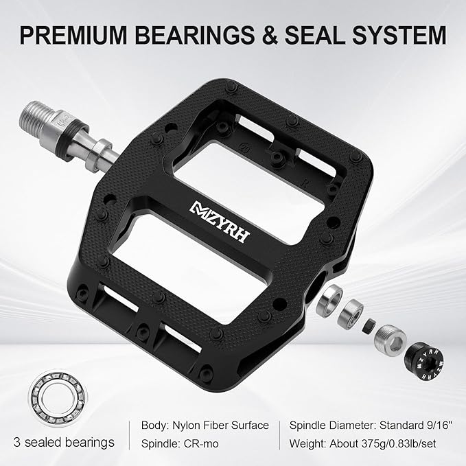 MZYRH Mountain Bike Pedals 9/16" 3 Sealed Bearings Lightweight Non-Slip Nylon Fiber Bicycle Platform Pedals for Road BMX MTB