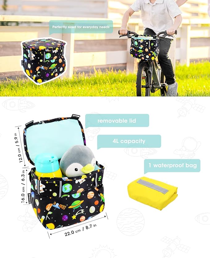 ANZOME Kids Bike Basket, Colorful Blocks Large Bicycle Basket, Bicycle Handlebar Bag, Waterproof Fabric Colorful Bike Basket for Women, Men, Kids
