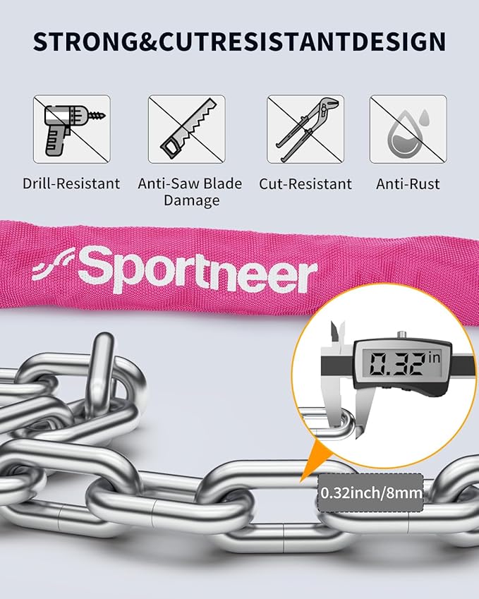 Sportneer Bike Lock: 8mm Thick High Security Anti Theft Bike Chain Lock with 2 Keys- 3.2/4ft Long Heavy Duty Anti-Cut Bicycle Lock for Bike, Motorcycle, Bicycle, Door, Gate, Fence, Grill