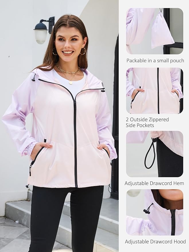 PITINAN Lightweight Rain Jacket Women Packable Wind Breaker Light Rain Jacket Women Waterproof Travel Raincoat S-XXL