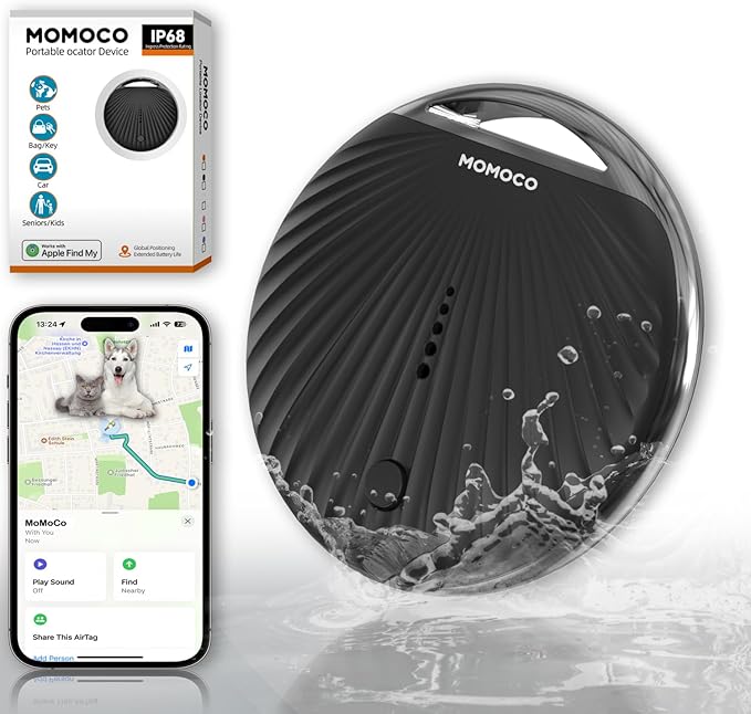 MoMoCo GPS Tracker – iOS Only No Subscription Required, Portable Real-Time GPS Tracking Device for Dogs,Compatible with Apple Find My, Location Tracker for Vehicles/Keys/Luggage (Black)