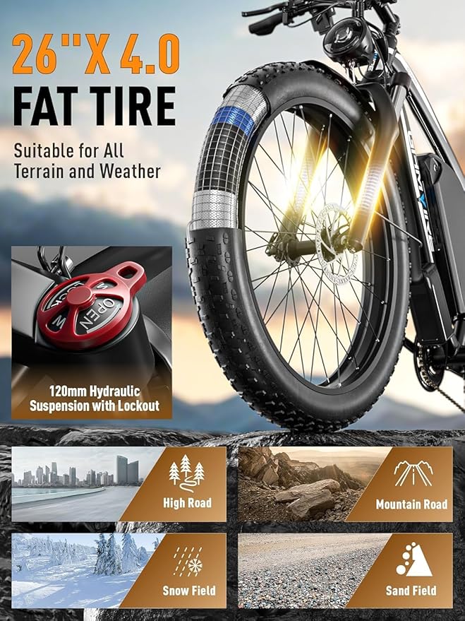 Ebike for Adults Electric, 52V 19.2Ah/32Ah, Peak 2000W/2500W E-Bike, 36/40MPH, 70 Miles/100Miles, Hydraulic Disc Brake, Off Road Snow Mountain E-Bike, 24"/26" Fat Tire Electric Bicycle UL2849 by SGS