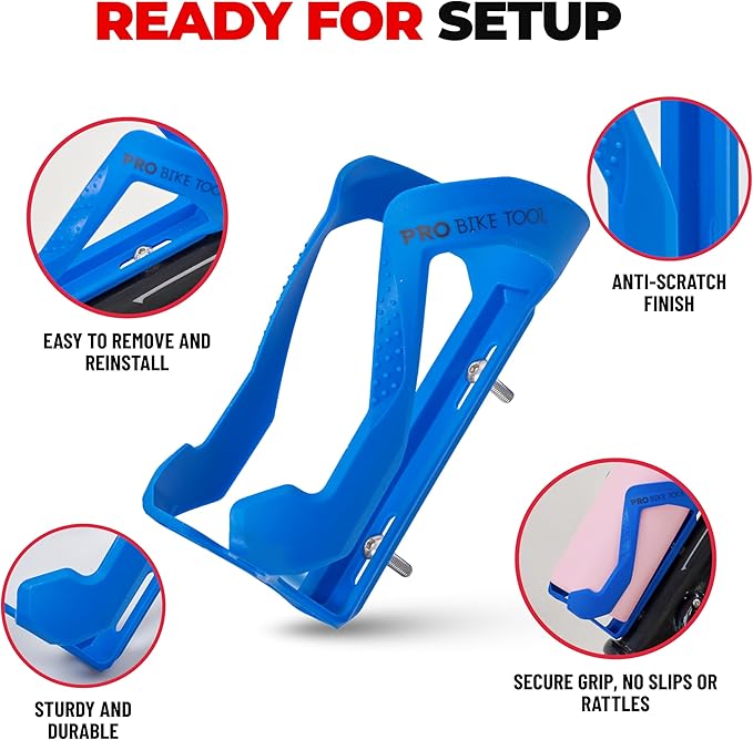 Pro-Bike Tool Bike Water Bottle Cage - Nylon & Glass Fiber - Lightweight 46g - Secure Retention - Fits 20-32 oz Bottle - Quick Install with Stainless Steel Bolts - Blue - Road & Mountain Bikes