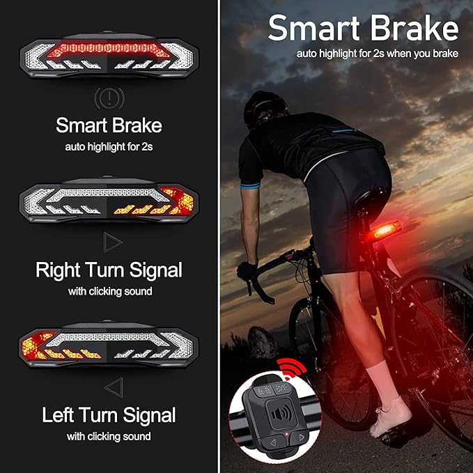 NineLeaf Bike Turn Signals, Turn Signal Kit for Ebike, Bike Turn Signals Front and Rear Auto On/Off Electric Bell Automatic Brake Light Remote Control Rear Light USB Rechargeable IP65 Waterproof