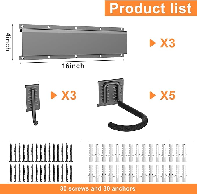 TORACK Wall Mounted Bike Storage Rack, Vertical Bikes Storage for Garage 5 Bikes Hangers for Wall, Modular Bicycle Storage Rack(3 Rails, 5 Bike Hooks, 3 Helmet Hooks)