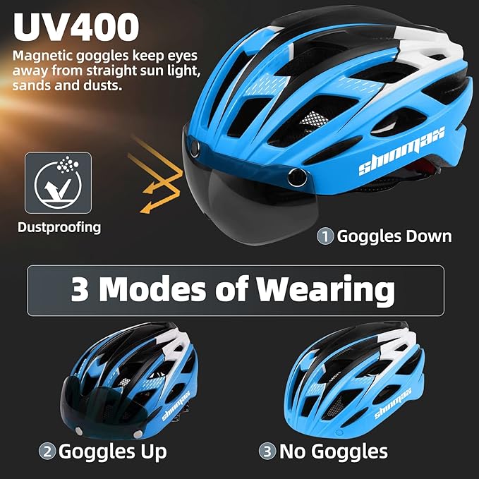 Shinmax Bike Helmet, CPSC/CPC Bike Helmet for Adult Men Women with Magnetic Goggles&Led Back Light Cycling Helmet Adjustable SM-T69
