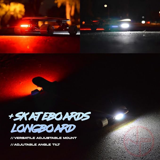 LINE-120 Front & Rear Bike or Skateboard Lights – USB Rechargeable LED Headlight & Taillight Set – Accessories for Bicycle, Longboard & Skateboard Safety