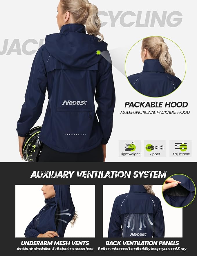 Nepest Womens Cycling Rain Jackets Lightweight Waterproof Biking Running Windbreaker UPF 50+ Reflective Packable Hooded
