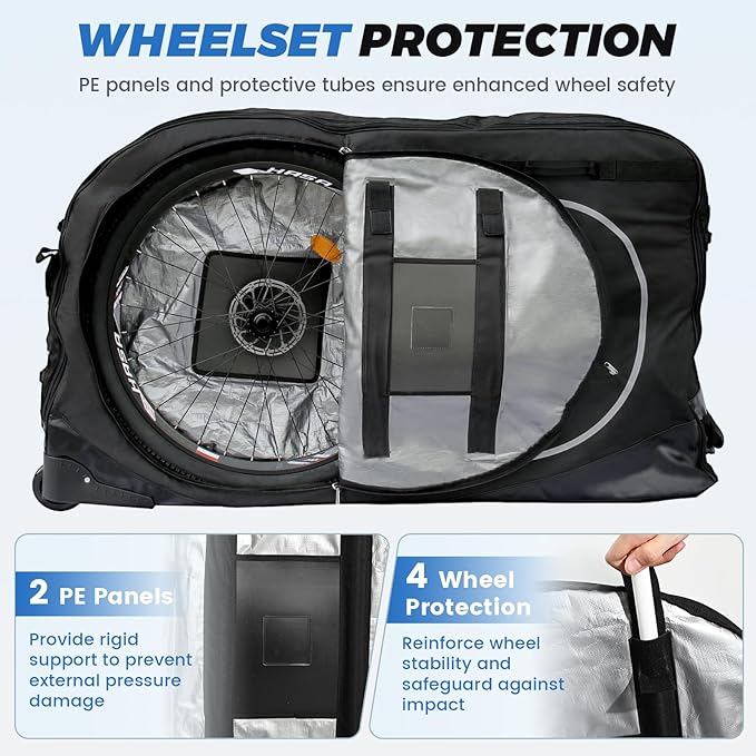 Bike Travel Case & Bike Travel Bag - Bicycle Pro Transport Equipment for Air Flights - Oversized Capacity, Waterproof Fabric with 4 Aluminum Support Bars, Wheel Protection Tubes & YKK Zippers