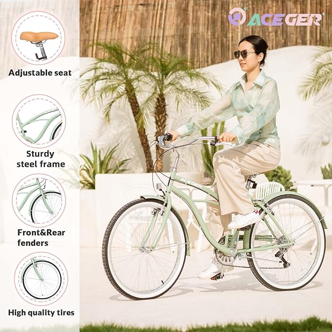 ACEGER 24 26 Inch Women Beach Cruiser Bike, Single Speed and 7 Speed, Adult Hybrid Bike Commuter Bicycle, Hi-Ten Steel Frame with Adjustable Handlebar and Saddle, Multiple Colors