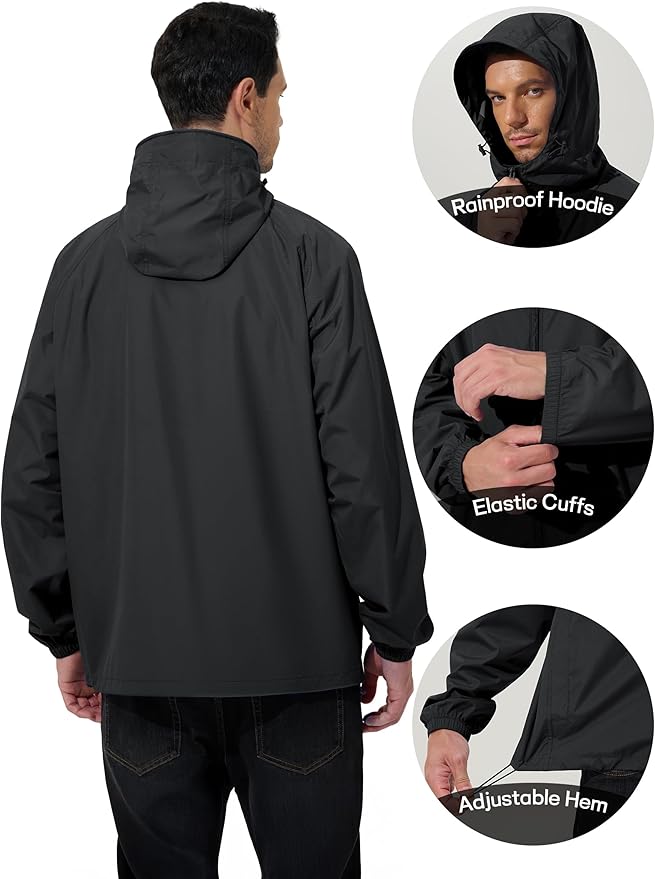 Men's Rain Jacket Windbreaker Waterproof Jacket Raincoat Cycling Running Hiking Gear Hood Lightweight Packable