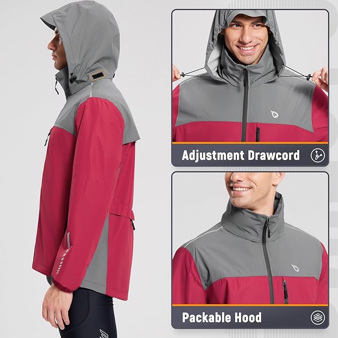 baleaf Men's Rain Jacket Waterproof Windbreaker Raincoat Running Cycling Hiking Gear Hood Lightweight Reflective Packable