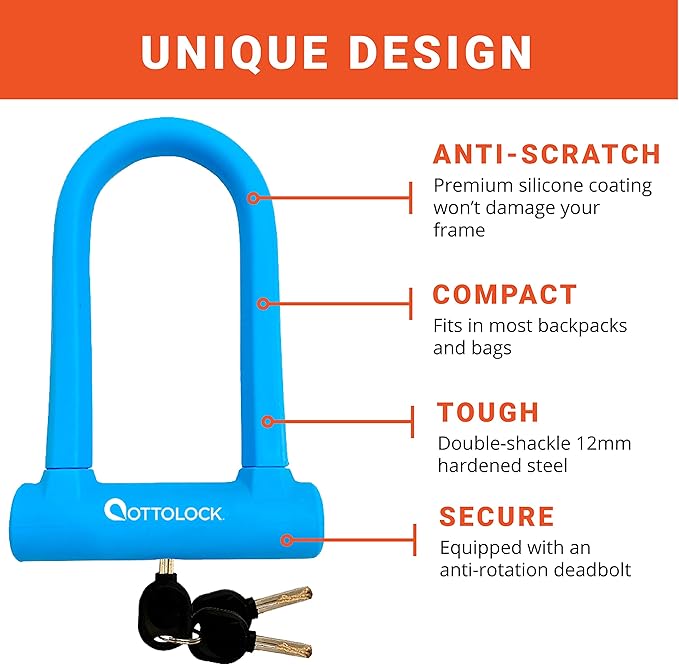 OTTOLOCK Sidekick Compact U-Lock - Heavy Duty Anti Theft Bicycle U-Lock with Keys, Silicone-Coated, Bike Accessories, Blue