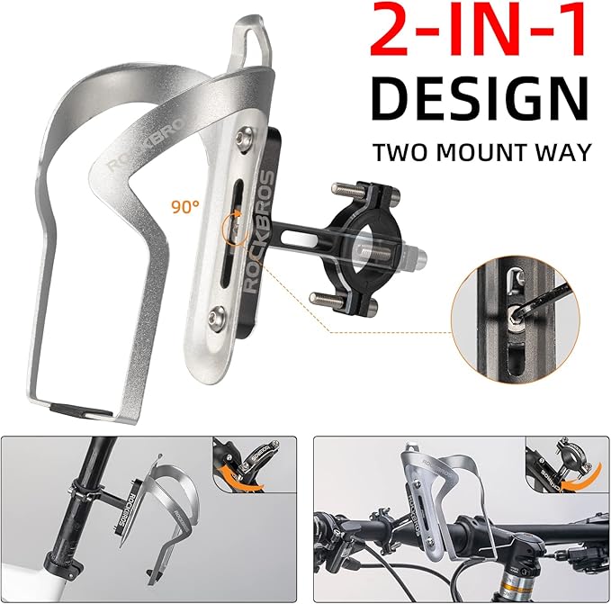 ROCKBROS Bike Cup Holder,2-in-1 Bicycle Bottle Bracket Aluminum Alloy Water Bottle Cages,Universal Rotation Cup Drink Holders for Bike Handlebars,Motorcycle,MTB,Boat,Walker,Wheelchair,Stroller，Silver