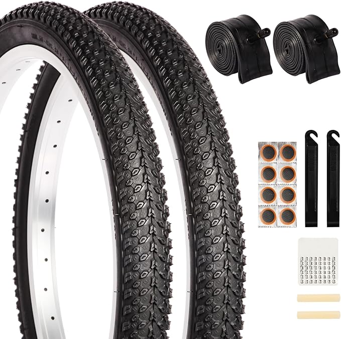 2 Pack 20" x 1.95" Mountain Bike Tire Set, 20 inch Folding Replacement Puncture-Resistant Bicycle Tires with 20 x 1.75-2.125 inch Bike Inner Tubes and Repair Tool Kit for Mountain Bike, Off-Road Bike