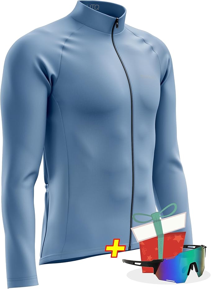 Men's Cycling Jersey Moisture Wicking Long Sleeve Full Zip Bike Road Riding Biking Shirts+ Cycling Glasses