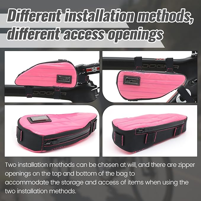 RideRow Compact Bike Top Tube Bag – Waterproof Bicycle Frame Pouch, Fits Up to 6.1" Phone, Narrow No-Rub Design, Secure 3-Point Mount, Cycling Storage for Mountain & Road Bike (Pink)