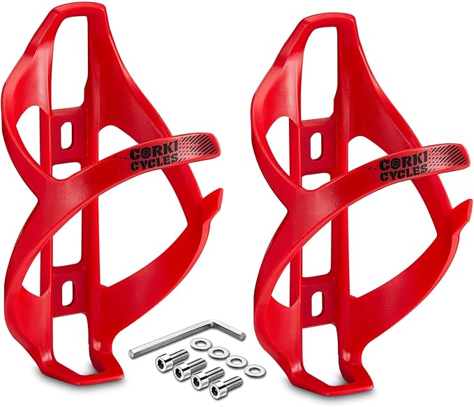 Corki Cycles Bike Water Bottle Holder Right Side Load Water Bottle Cage for Road, MTB, Gravel Bicycle Red 2 Pack