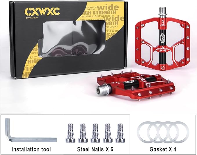 Road/Mountain Bike Pedals - 3 Bearings 9/16” Aluminum Alloy Bicycle Pedals - Mountain Bike Pedal with Removable Anti-Skid Nails