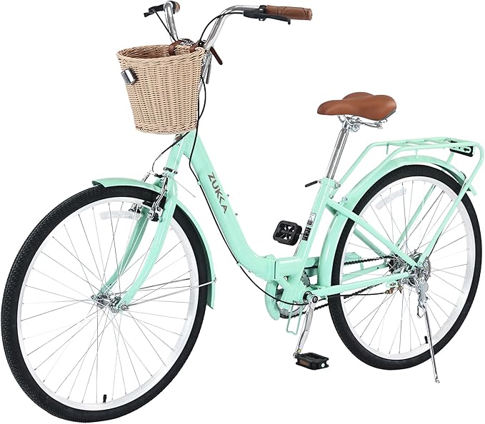 24/26 Inch Folding Girls/Womens Cruiser Bike，1-Speed Foldable Hybrid City Bicycle with Dual Brakes,Basket & Rear Rack，Adjustable Seat Post&Handlebar，3 Colors