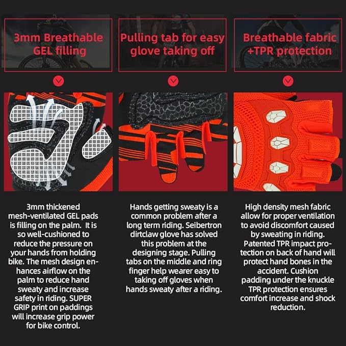 Seibertron Unisex BMX MX ATV MTB Racing Mountain Bike Bicycle Cycling Off-Road/Dirt Bike Gloves Road Racing Motorcycle Motocross Sports Gloves Touch Recognition Full Finger Glove