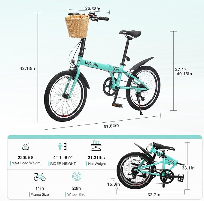 20 Inch Folding Bike for Adults, 6-Speed Bicycle with Steel Frame, Quick-Release Foldable Design, Includes Basket, Phone Holder & Fenders, Dual V-Brakes, Portable Compact Bike for Men & Women
