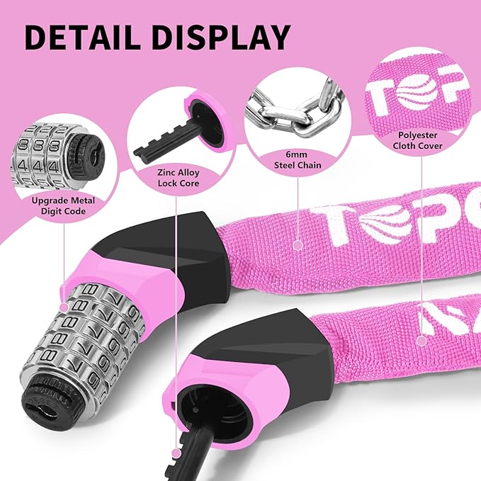 Bike Chain Lock Upgrade Metal Digital Dials 3.2Ft Long High Security Heavy Duty Anti Theft, 5 Digit Combination Keyless Bicycle Lock for Bike/Electric Scooter/Ebike/Motorcycle(Pink)