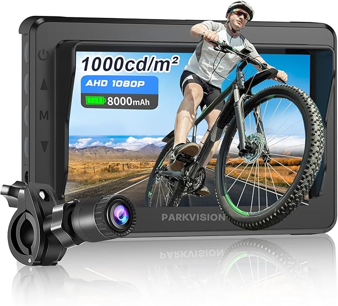 PARKVISION Handlebar Bike Mirror, Bicycle Rear View Camera with Dust Cover, 4.3'' HD 1080P Monitor, 8000mah Battery, 120° Wide Angle View, Bike Camera for Mountain,Ebike,Road Bike