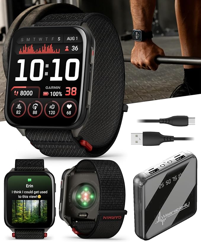 Wearable4U Garmin Venu X1 Thin and Lightweight GPS Smartwatch, AMOLED Display, Black with Slate Titanium Comfort Fit Nylon Band Power Bank Bundle