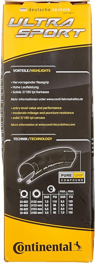 Continental Ultra Sport II Folding Bike Tire - Road Cycling Tire, PureGrip Compound (23c, 25c, 28c, 32c)