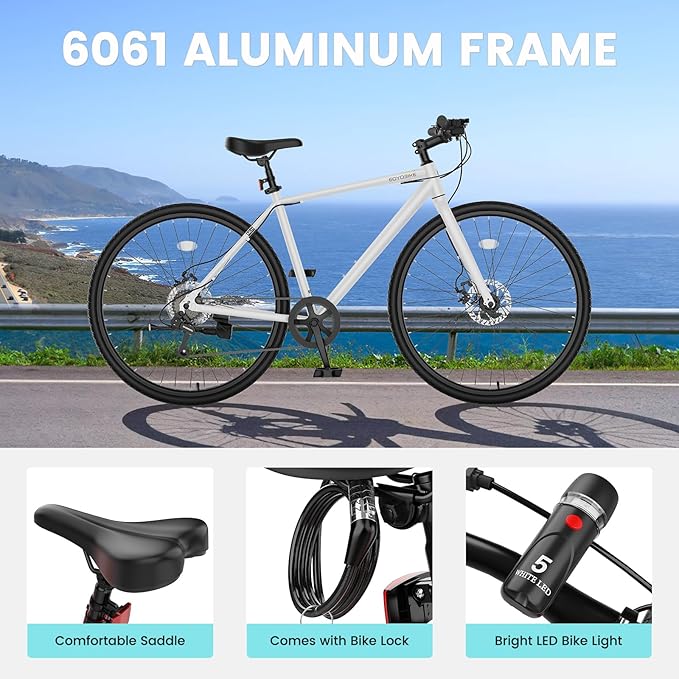 NAIZEA 700C Hybrid Bike for Adults, Aluminum Frame Step-Over Bicycle, 8-Speed Vintage Retro Road Bike for Men and Women, City Commuter Cycling, Multiple Colors