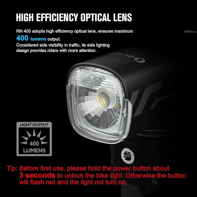 OLIGHT RN 400 LED Bike Lights, 400 Lumens USB Type-C Rechargeable Front Light, IPX7 Waterproof Bicycle Headlight for Road Urban Cyclists Black