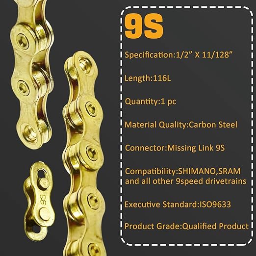 VERKSTAD 9 Speed Bike Chain, Bike Chain 1/2" x 11/128" 116 Links for Road Bike MTB Racing Cycling