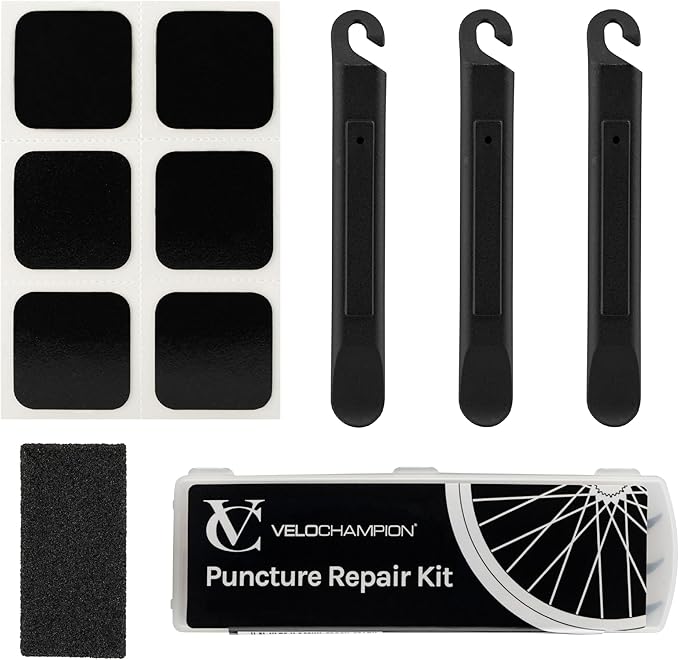VeloChampion Puncture Repair Kit | Self-Adhesive Bike Tyre Patches for Road, MTB, BMX, Ebike| Travel Size Bicycle Puncture Repair Kit | 6, 10 or 40 Pack + Optional Tyre Levers
