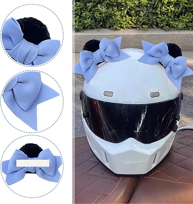 2 PCS Bow Ears Motorcycle Helmet Decor, Cute Cartoon Cat Ears Helmet Decoration, Removable Self Adhesive Motorcbike Bow Accessories, Universal for Most Ski, Bike & Motorcycle (Blue)